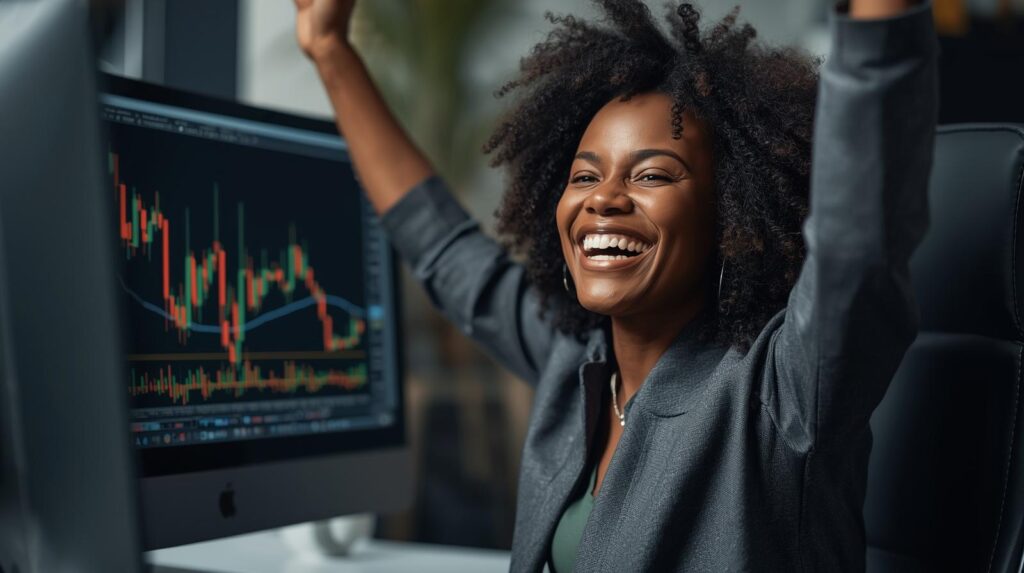 a picture of a black lady happy after a sucessful crypto trade also show her by the computer with showing a market graph the picture should have real images