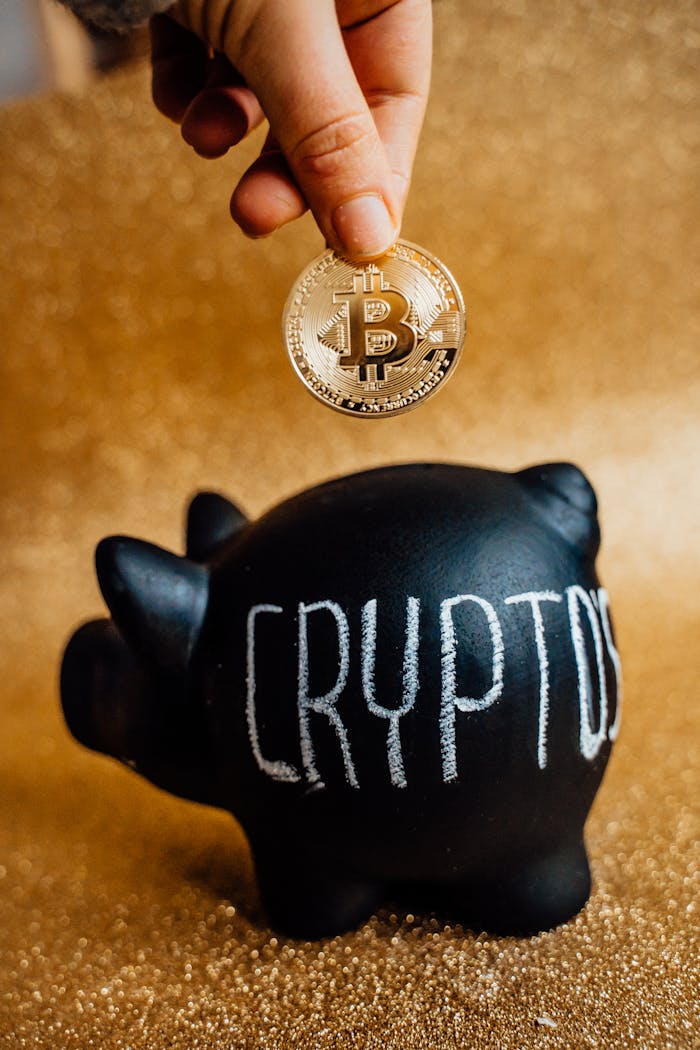 A hand places a Bitcoin into a piggy bank labeled 